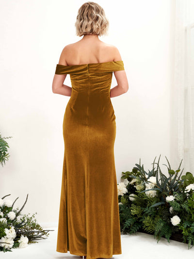 Carlyna Mona Mermaid Burnished Gold Velvet Bridesmaid Dress Maxi Sleeveless Off the Shoulder Dress Back View #color_burnished-gold