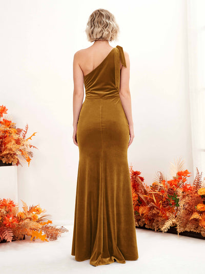 Carlyna Tammy Mermaid Burnished Gold Velvet Bridesmaid Dress Maxi Sleeveless One Shoulder Dress Back View #color_burnished-gold