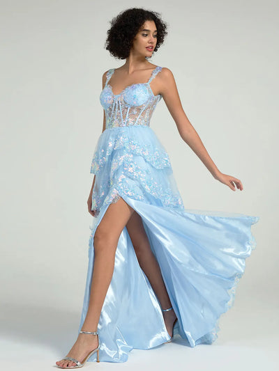 Carlyna Carlyna A-Line Embroidered Lace Evening Gown with V-Back & Train - Prom Dress