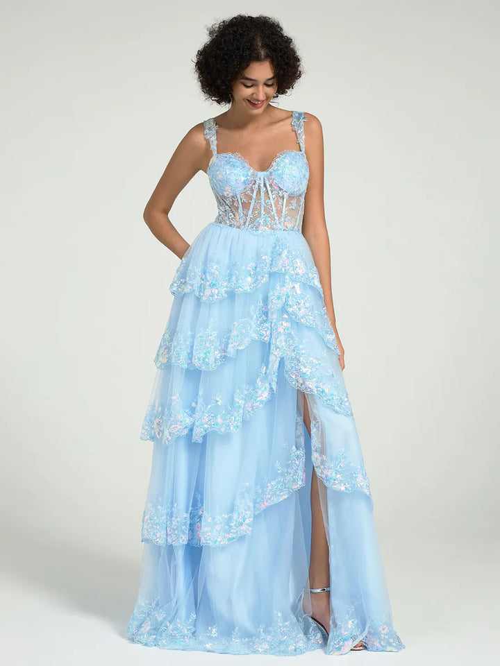 A-Line Embroidered Lace Evening Gown with V-Back & Train - Prom Dress A-Line Embroidered Lace Evening Gown with V-Back & Train - Prom Dress