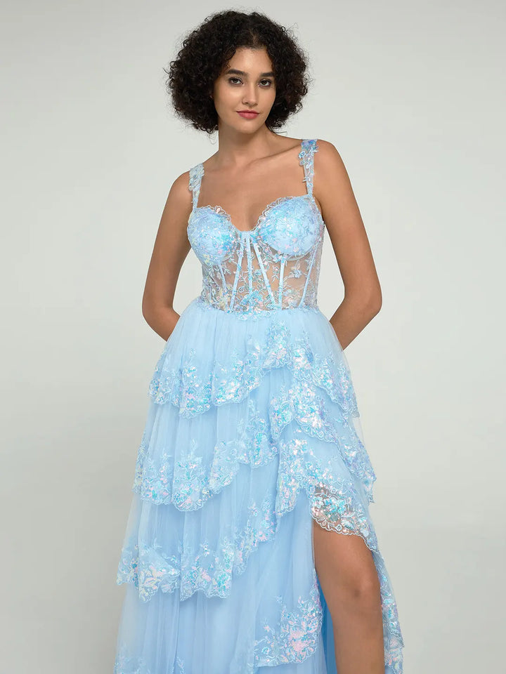 A-Line Embroidered Lace Evening Gown with V-Back & Train