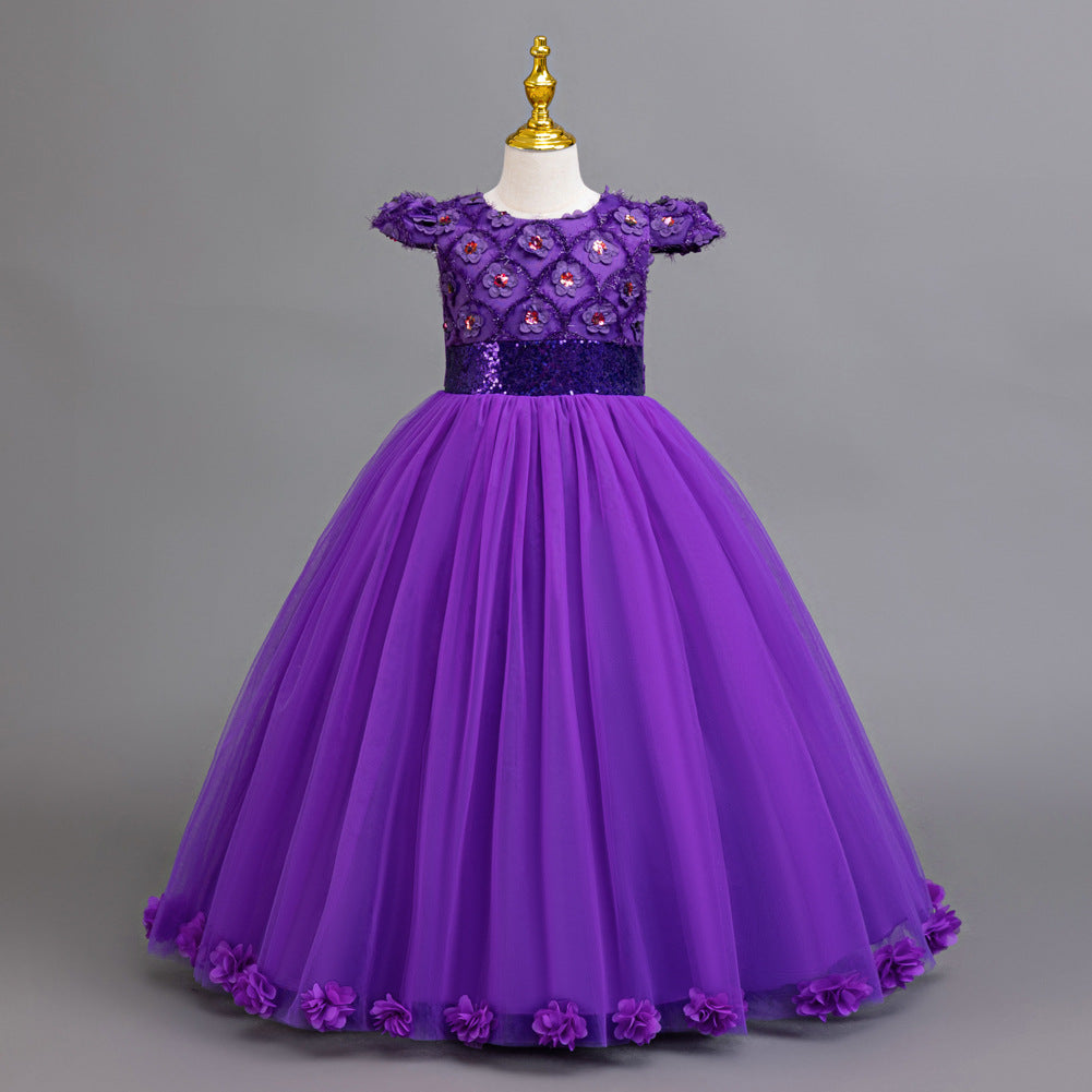 A-Line Floor Length Flower Girl Dress with Sequins & Flower Embellishments for Special Occasions