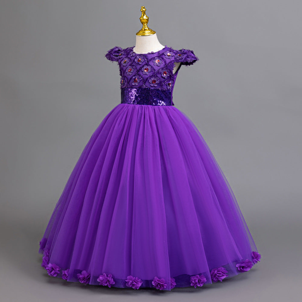 A-Line Floor Length Flower Girl Dress with Sequins & Flower Embellishments for Special Occasions