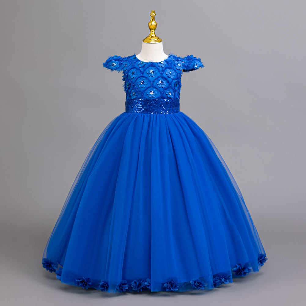 A-Line Floor Length Flower Girl Dress with Sequins & Flower Embellishments for Special Occasions