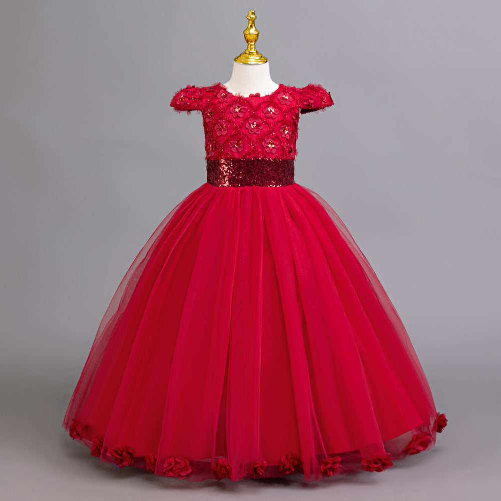 A-Line Floor Length Flower Girl Dress with Sequins & Flower Embellishments for Special Occasions
