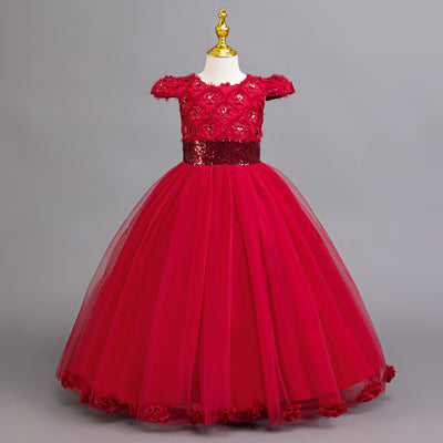A-Line Floor Length Flower Girl Dress with Sequins & Flower Embellishments for Special Occasions