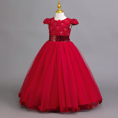 A-Line Floor Length Flower Girl Dress with Sequins & Flower Embellishments for Special Occasions