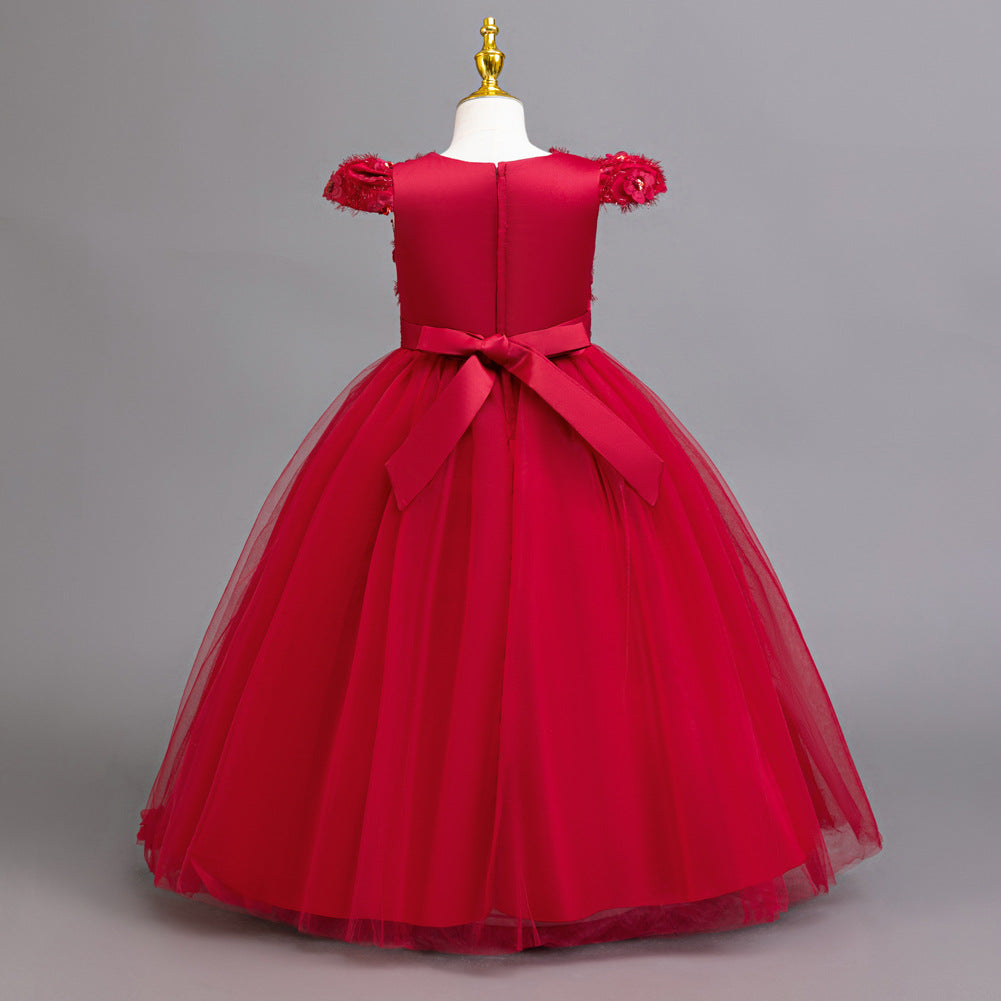 A-Line Floor Length Flower Girl Dress with Sequins & Flower Embellishments for Special Occasions