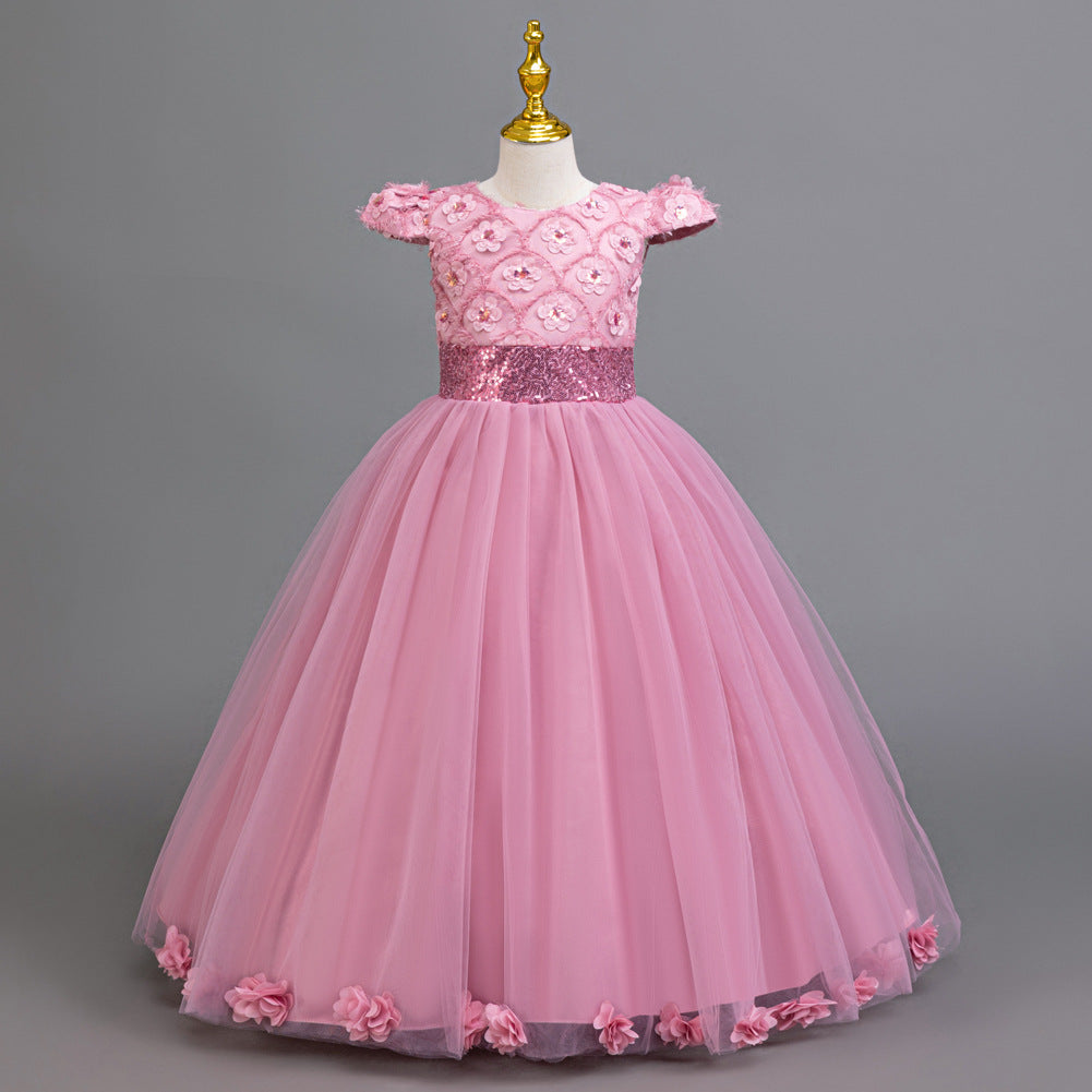 A-Line Floor Length Flower Girl Dress with Sequins & Flower Embellishments for Special Occasions