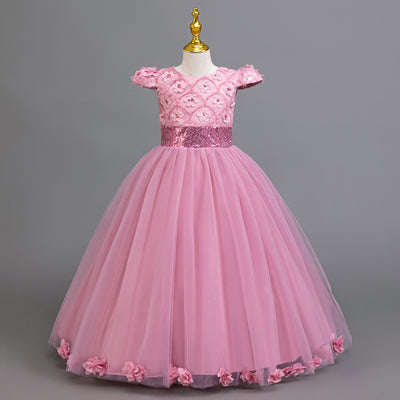 A-Line Floor Length Flower Girl Dress with Sequins & Flower Embellishments for Special Occasions