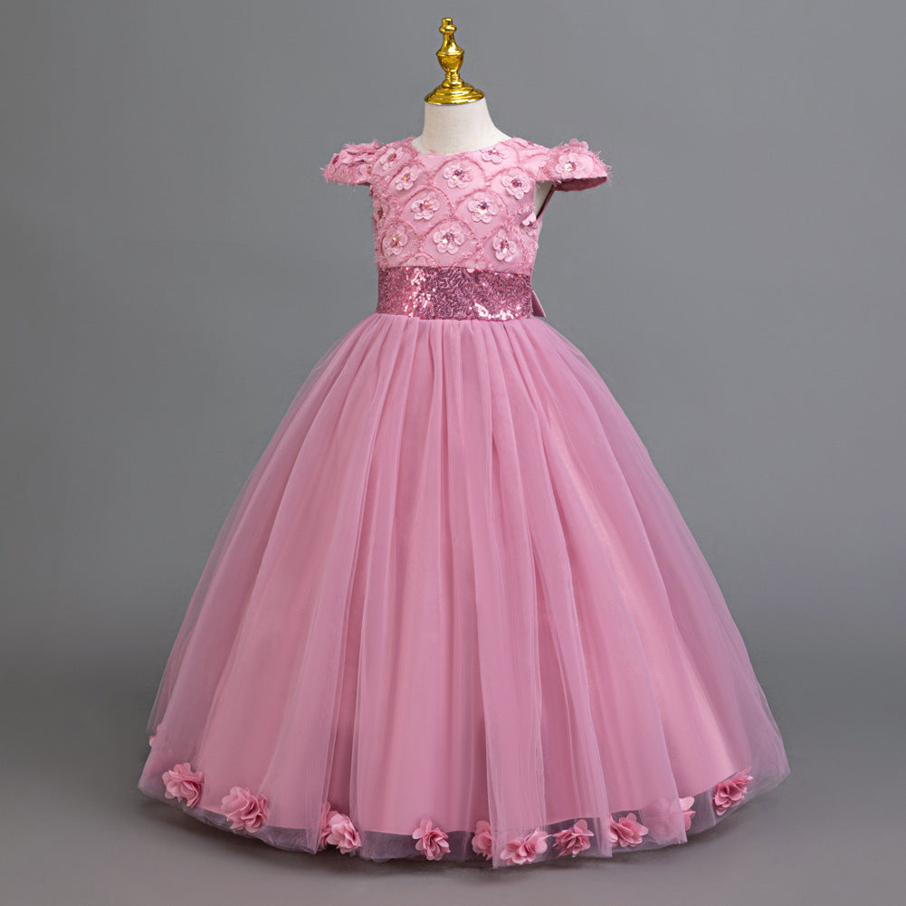 A-Line Floor Length Flower Girl Dress with Sequins & Flower Embellishments for Special Occasions