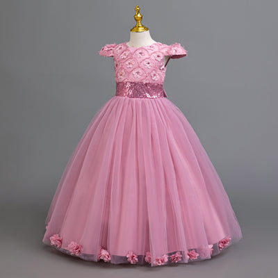 A-Line Floor Length Flower Girl Dress with Sequins & Flower Embellishments for Special Occasions