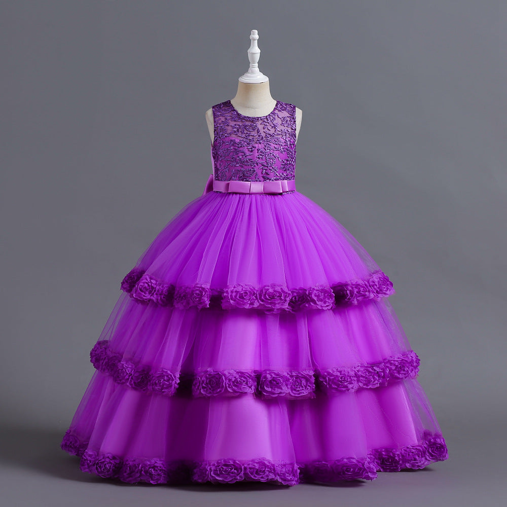 A-Line Tulle Flower Girl Dress with Embroidered Flowers & Cascading Ruffles
