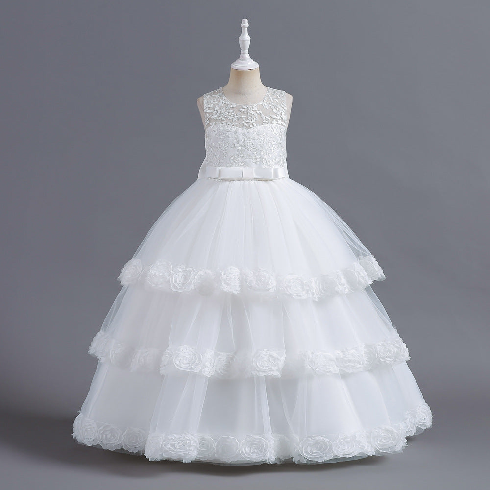 A-Line Tulle Flower Girl Dress with Embroidered Flowers & Cascading Ruffles