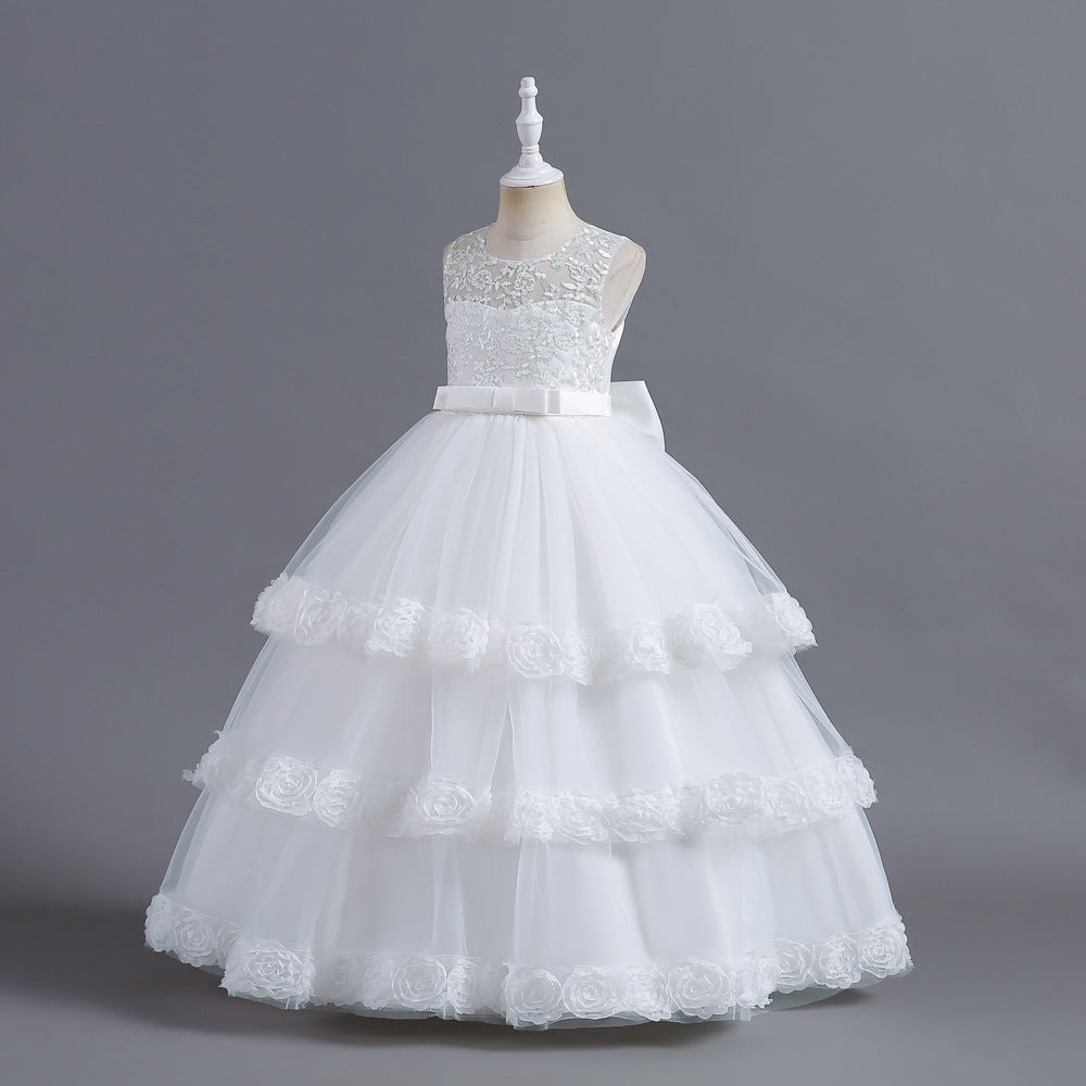 A-Line Tulle Flower Girl Dress with Embroidered Flowers & Cascading Ruffles