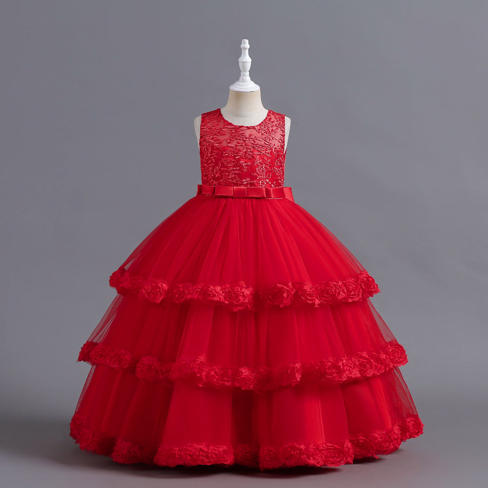 A-Line Tulle Flower Girl Dress with Embroidered Flowers & Cascading Ruffles