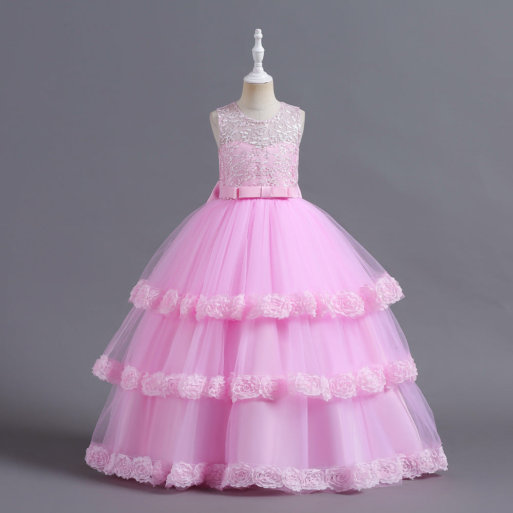 A-Line Tulle Flower Girl Dress with Embroidered Flowers & Cascading Ruffles