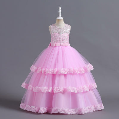 A-Line Tulle Flower Girl Dress with Embroidered Flowers & Cascading Ruffles