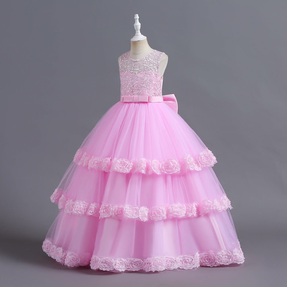 A-Line Tulle Flower Girl Dress with Embroidered Flowers & Cascading Ruffles