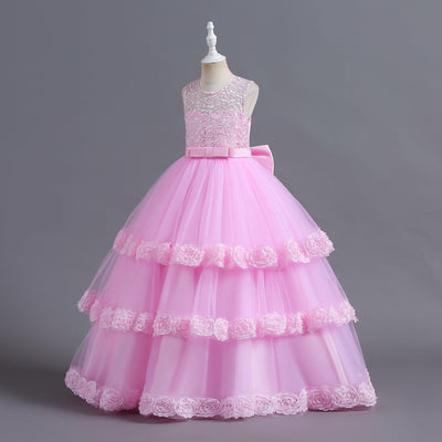 A-Line Tulle Flower Girl Dress with Embroidered Flowers & Cascading Ruffles