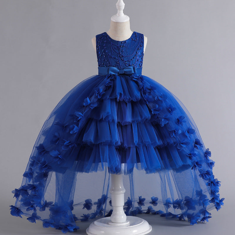 A-Line Flower Girl Dress with Beaded 3D Flowers for Special Occasions | Tulle High-Low Kids Gown