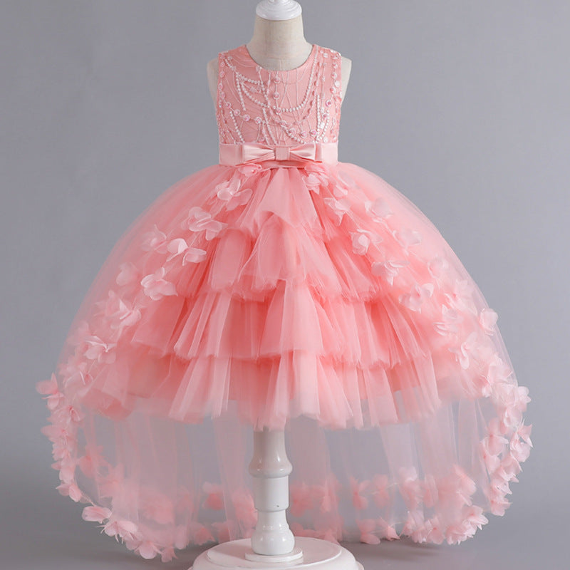 A-Line Flower Girl Dress with Beaded 3D Flowers for Special Occasions | Tulle High-Low Kids Gown
