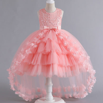 A-Line Flower Girl Dress with Beaded 3D Flowers for Special Occasions | Tulle High-Low Kids Gown