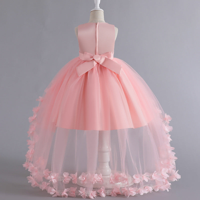 A-Line Flower Girl Dress with Beaded 3D Flowers for Special Occasions | Tulle High-Low Kids Gown