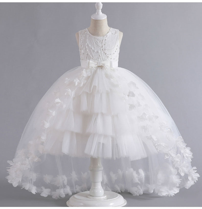 A-Line Flower Girl Dress with Beaded 3D Flowers for Special Occasions | Tulle High-Low Kids Gown