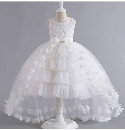 A-Line Flower Girl Dress with Beaded 3D Flowers for Special Occasions | Tulle High-Low Kids Gown