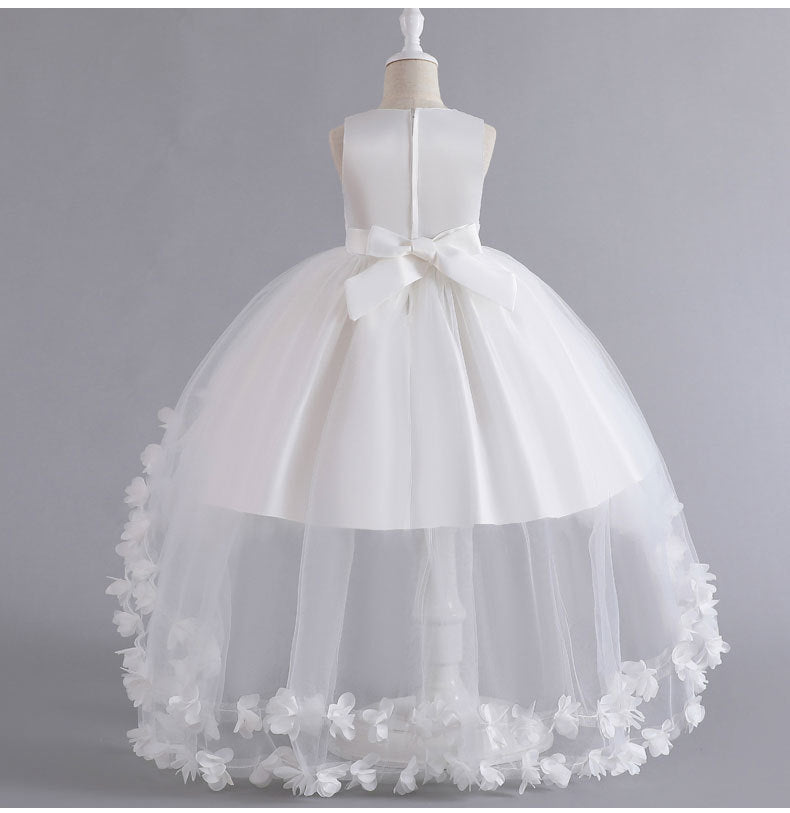 A-Line Flower Girl Dress with Beaded 3D Flowers for Special Occasions | Tulle High-Low Kids Gown