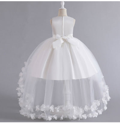 A-Line Flower Girl Dress with Beaded 3D Flowers for Special Occasions | Tulle High-Low Kids Gown