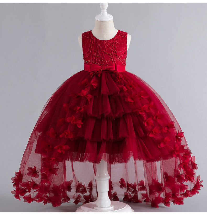 A-Line Flower Girl Dress with Beaded 3D Flowers for Special Occasions | Tulle High-Low Kids Gown