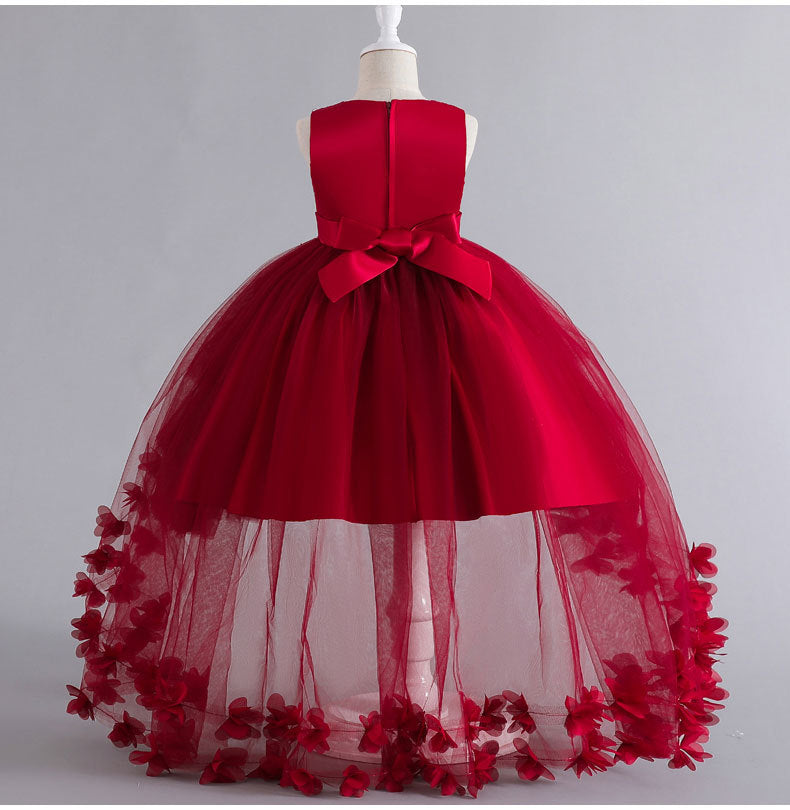 A-Line Flower Girl Dress with Beaded 3D Flowers for Special Occasions | Tulle High-Low Kids Gown