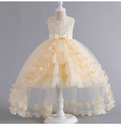 A-Line Flower Girl Dress with Beaded 3D Flowers for Special Occasions | Tulle High-Low Kids Gown