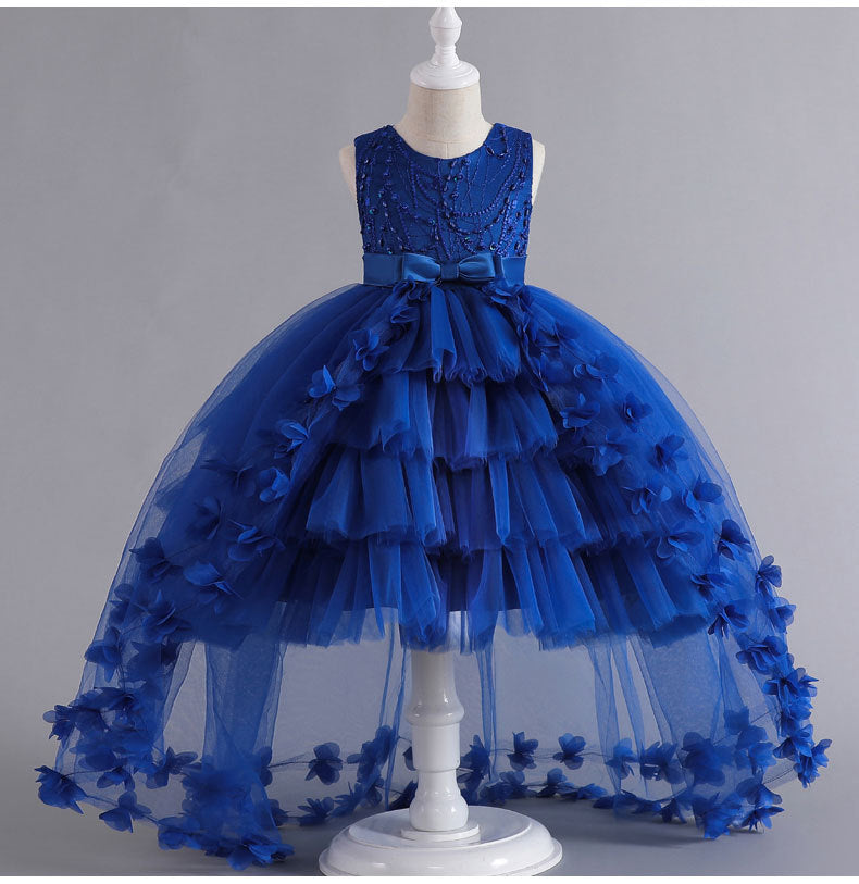 A-Line Flower Girl Dress with Beaded 3D Flowers for Special Occasions | Tulle High-Low Kids Gown