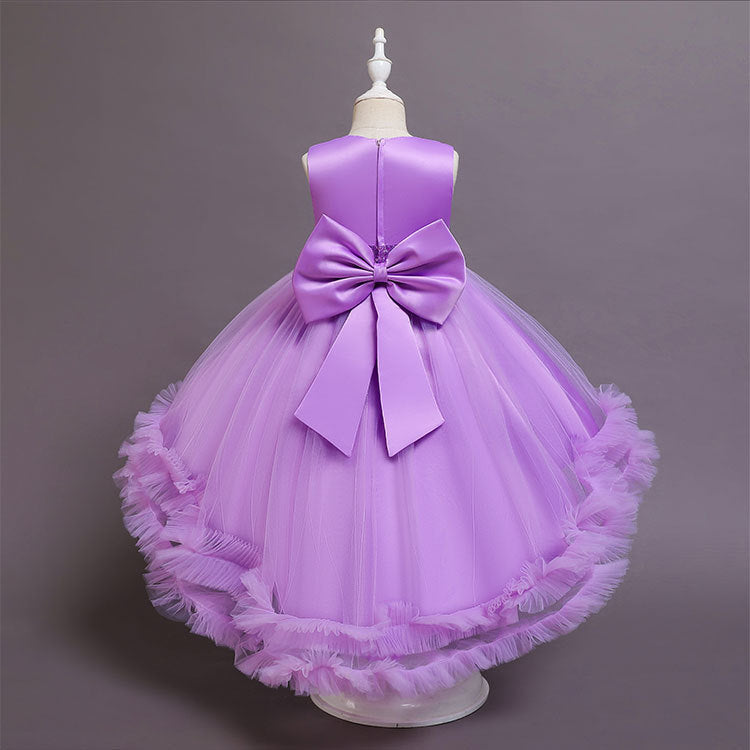 A-Line High Low Sleeveless Girls' Tulle Dress with Sequins & Bow | Special Occasion Dress for Kids