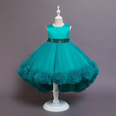 A-Line High Low Sleeveless Girls' Tulle Dress with Sequins & Bow | Special Occasion Dress for Kids