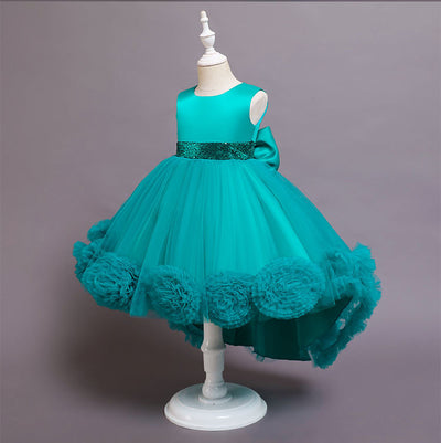 A-Line High Low Sleeveless Girls' Tulle Dress with Sequins & Bow | Special Occasion Dress for Kids