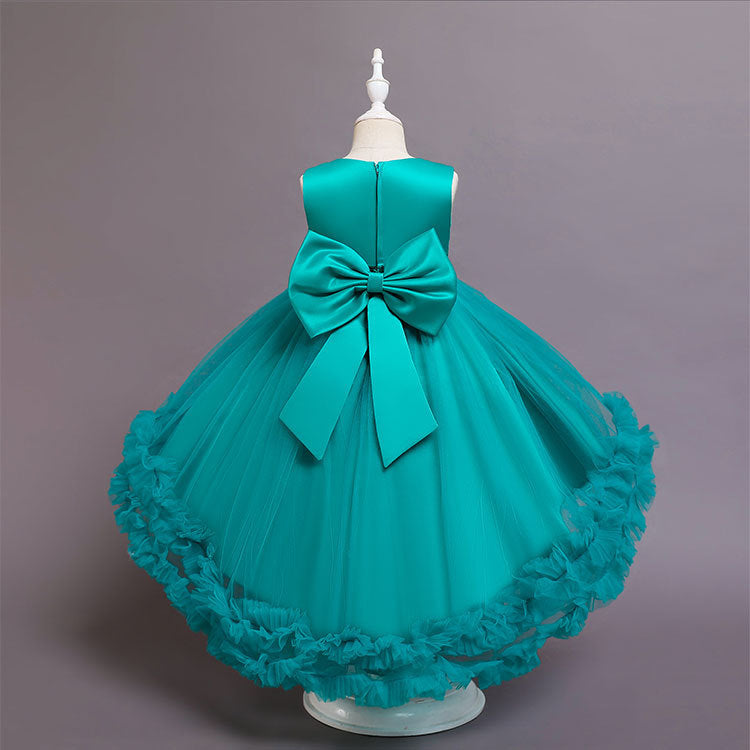 A-Line High Low Sleeveless Girls' Tulle Dress with Sequins & Bow | Special Occasion Dress for Kids