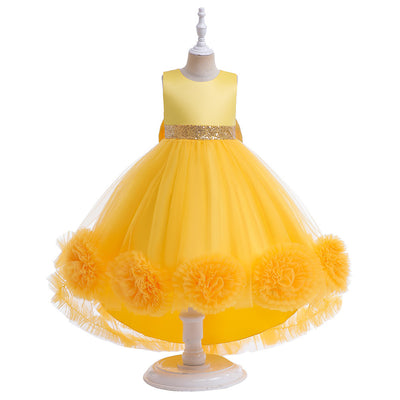 A-Line High Low Sleeveless Girls' Tulle Dress with Sequins & Bow | Special Occasion Dress for Kids
