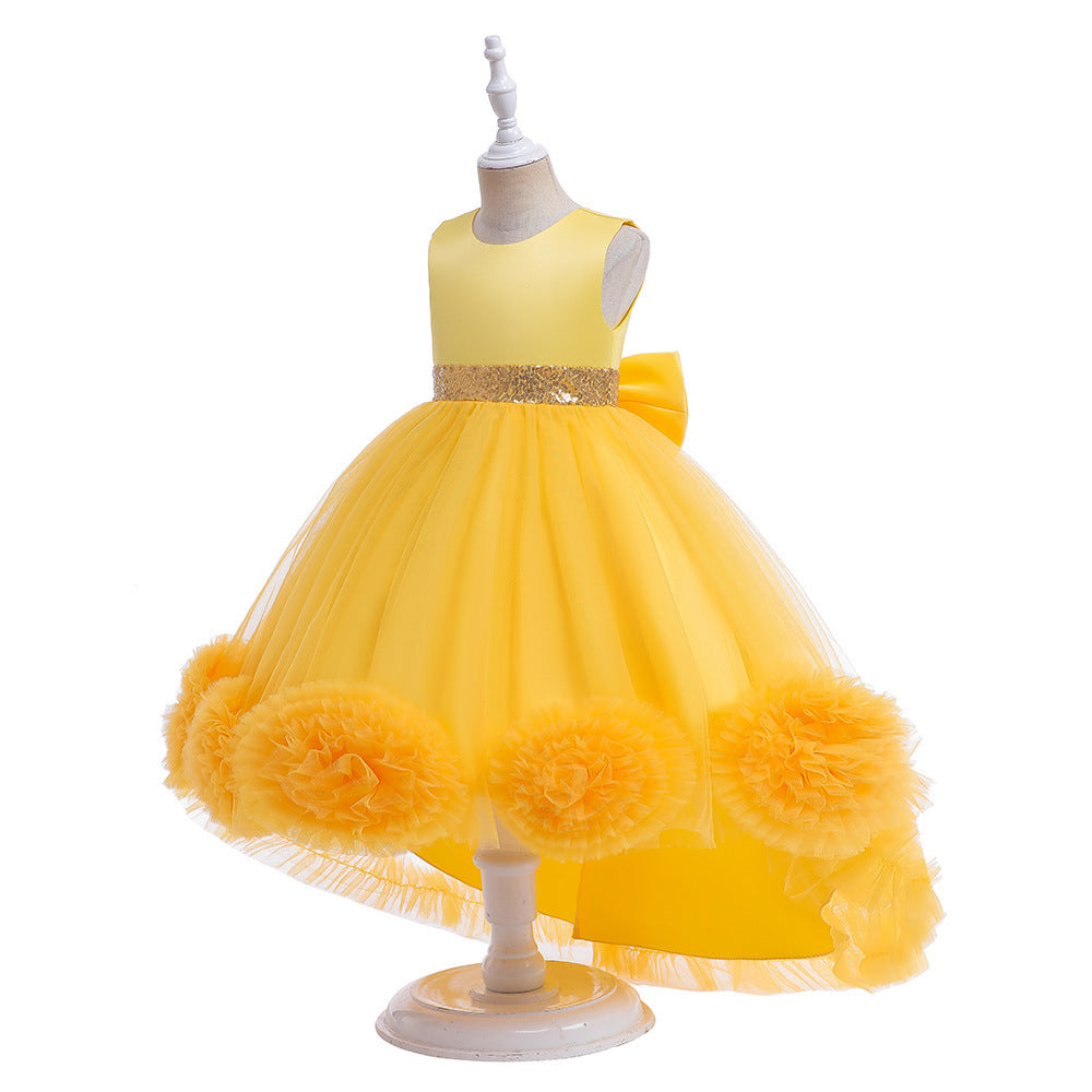 A-Line High Low Sleeveless Girls' Tulle Dress with Sequins & Bow | Special Occasion Dress for Kids