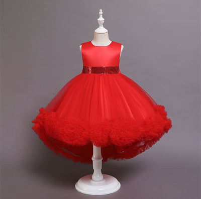 A-Line High Low Sleeveless Girls' Tulle Dress with Sequins & Bow | Special Occasion Dress for Kids