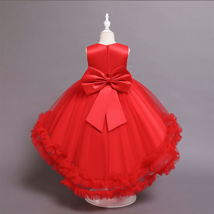 A-Line High Low Sleeveless Girls' Tulle Dress with Sequins & Bow | Special Occasion Dress for Kids