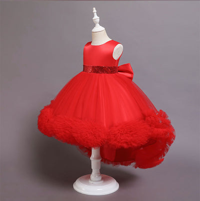 A-Line High Low Sleeveless Girls' Tulle Dress with Sequins & Bow | Special Occasion Dress for Kids