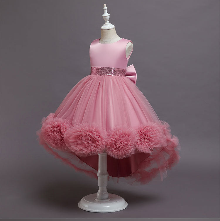 A-Line High Low Sleeveless Girls' Tulle Dress with Sequins & Bow | Special Occasion Dress for Kids