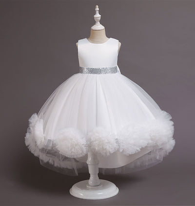 A-Line High Low Sleeveless Girls' Tulle Dress with Sequins & Bow | Special Occasion Dress for Kids
