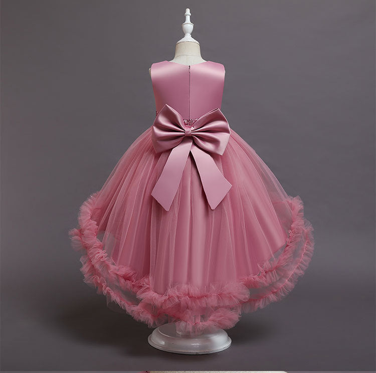 A-Line High Low Sleeveless Girls' Tulle Dress with Sequins & Bow | Special Occasion Dress for Kids