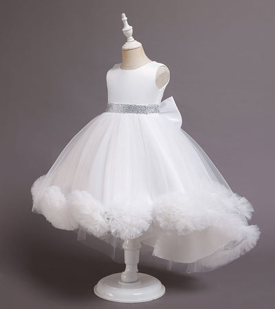 A-Line High Low Sleeveless Girls' Tulle Dress with Sequins & Bow | Special Occasion Dress for Kids