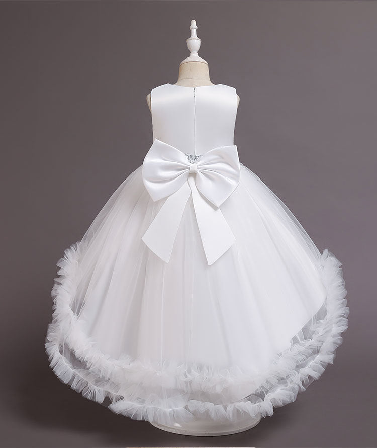 A-Line High Low Sleeveless Girls' Tulle Dress with Sequins & Bow | Special Occasion Dress for Kids